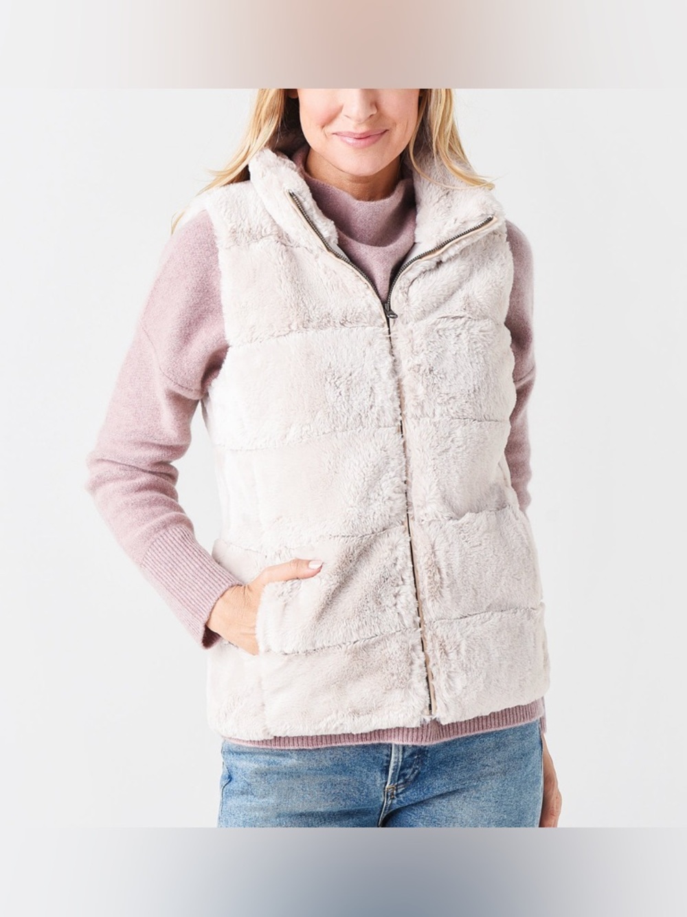 dylan Ivory Faux Fur Puffer Vest with Blush ivory Sleeves